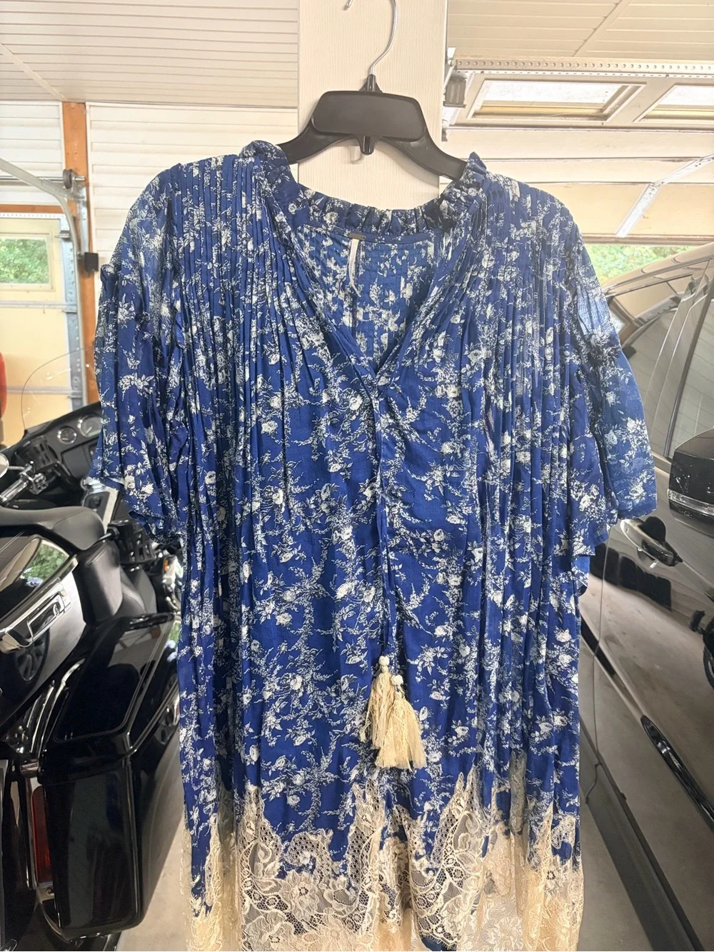 Free People Blue Floral Tassel Lace-Hem Dress